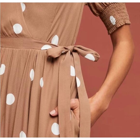 Maeve Anthropologie Bernice Brown Polka Dot Wrap Dress Midi Length HAS POCKETS!! - Picture 2 of 6